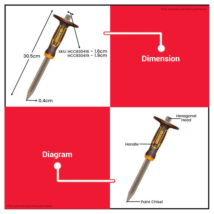 Buildmate x INGCO Concrete Chisel 305mm 40Cr Heat-Treated with Powder Coating HCC830419 IHT