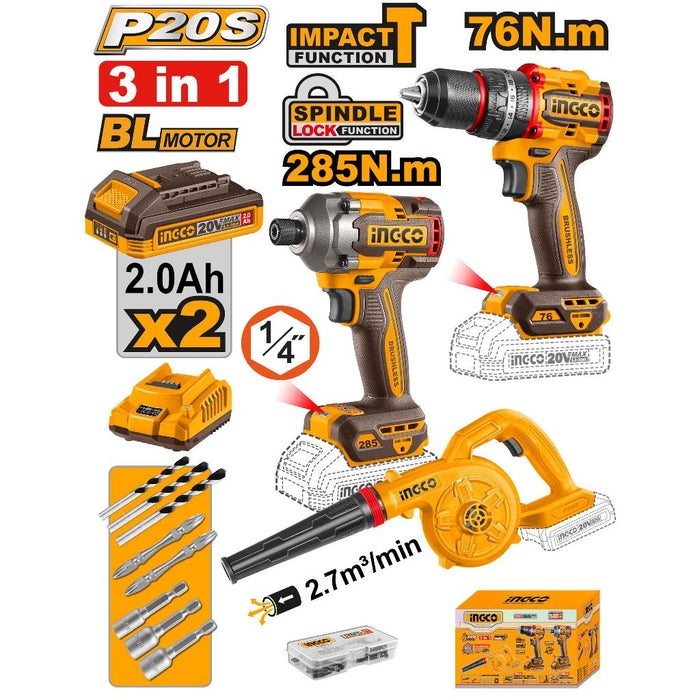 Buildmate x INGCO 20V Cordless 3-PC Combo Kit | Impact Drill, Driver & Blower COSLI250182 IPT