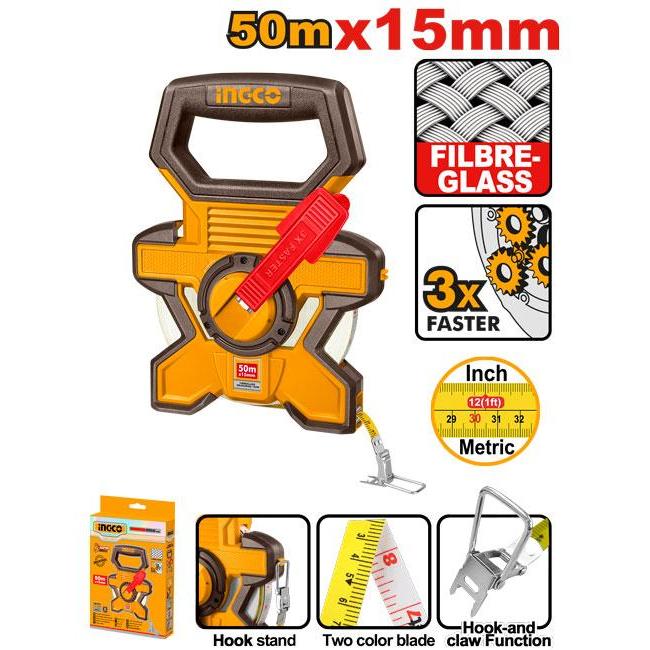 Buildmate x INGCO 50m Fiberglass Measuring Tape 3:1 Fast Rewind Double-Sided HFMT1850 IHT