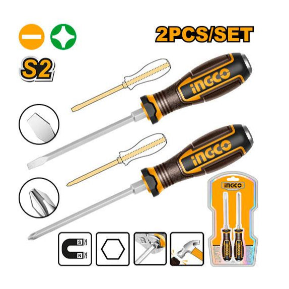 Buildmate x INGCO 2-Pcs Go-Through Screwdriver Set | S2 Steel, Hex Shank HGTST0208 IHT