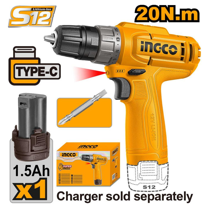 Buildmate x INGCO 12V Cordless Drill 20Nm USB-C Battery CDLI12456 IPT