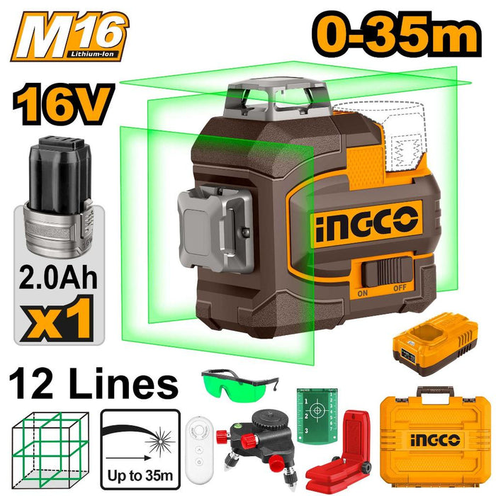 Buildmate x INGCO Cordless 3D Green Laser Level 16V, 360° Lines, 35m Range HLL301201 ICPT