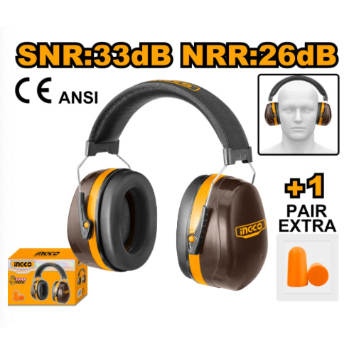 Buildmate x INGCO Industrial Earmuff | Noise Reduction 32-33dB w/ Extra Earplugs HEM3328 IHT