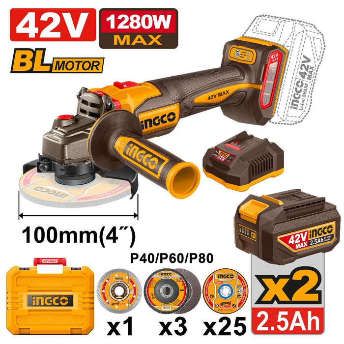 Buildmate x INGCO 42V Brushless Cordless Angle Grinder 1280W 100mm w/ 2 Batteries ICPT