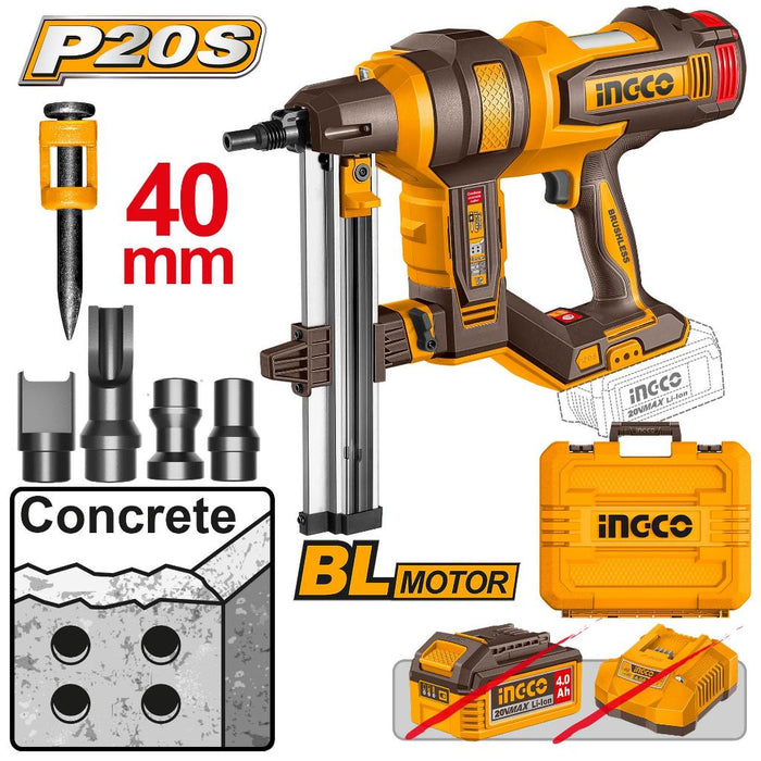 Buildmate x INGCO 20V Cordless Concrete Nailer | 19-40mm Nails, Brushless Motor CCNLI9005 ICPT