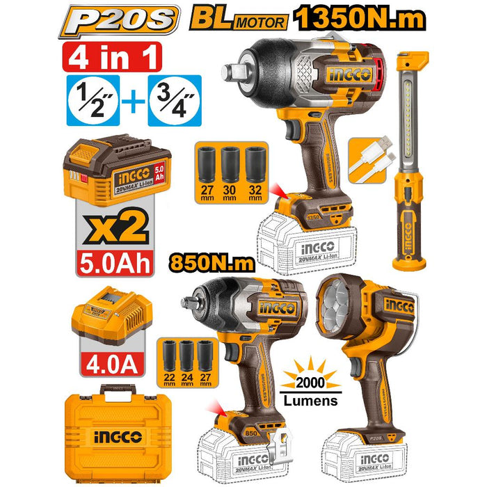 Buildmate x INGCO20V 4PCS Combo Kit 1350Nm & 850Nm Impact Wrench w/ Lamps COSLI250782 IPT
