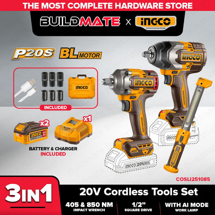 Buildmate x INGCO 20V Cordless 3 PCS COMBO KIT Brushless Impact Wrench Set 850Nm 1000Nm w/ 2x 4.0Ah Battery Charger Work Lamp COSLI251085 IPT