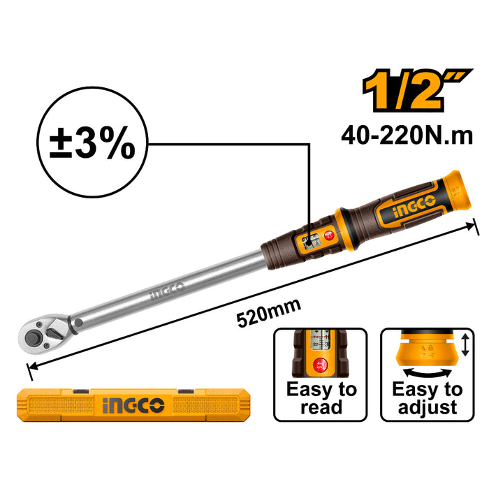 Buildmate x INGCO 1/2in Preset Torque Wrench 40-220Nm Adjustable HPTW1220N8 IHT