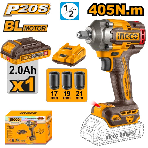Buildmate x INGCO 20V Brushless Cordless Impact Wrench 405Nm 1/2in Kit CIWLI20455 IPT