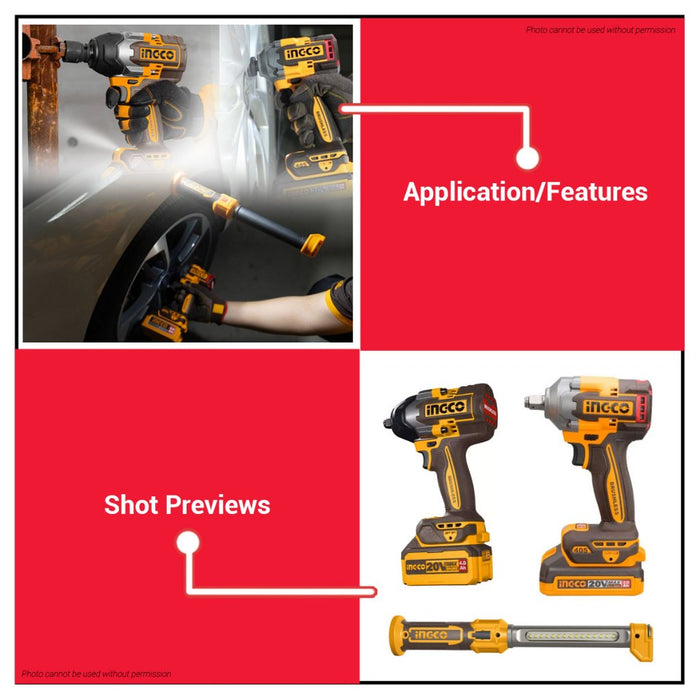 Buildmate x INGCO 20V Cordless 3 PCS COMBO KIT Brushless Impact Wrench Set 850Nm 1000Nm w/ 2x 4.0Ah Battery Charger Work Lamp COSLI251085 IPT