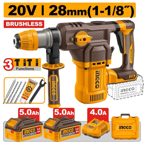 Buildmate x INGCO 20V Brushless Rotary Hammer 28mm SDS Plus Kit CRHLI202862 IPT