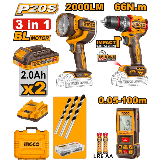 Buildmate x INGCO 20V 3PCS Combo Kit Brushless Impact Drill Laser Meter Work Light COSLI250885 IPT