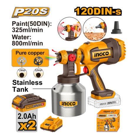 Buildmate x INGCO 20V Cordless Spray Gun Paint Sprayer Kit 800ml CSGLI200414 IPT