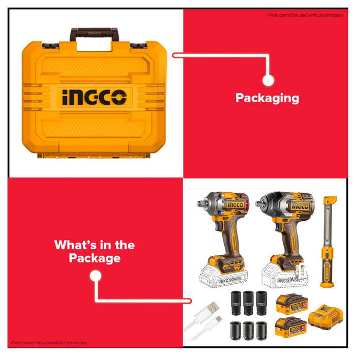 Buildmate x INGCO 20V Cordless 3 PCS COMBO KIT Brushless Impact Wrench Set 850Nm 1000Nm w/ 2x 4.0Ah Battery Charger Work Lamp COSLI251085 IPT