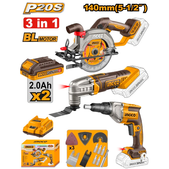 Buildmate x INGCO 20V 3PCS Cordless Combo Kit Saw Screwdriver Multi Tool COSLI250382 IPT