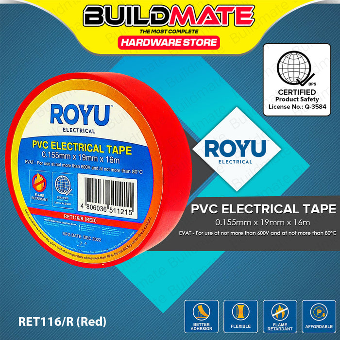 BUILDMATE Royu PVC Electrical Tape 0.155mmx19mmx16m Waterproof Insulation Wiring Flame Retardant Adhesive Repair Colored Insulating Electric Wire Tape SOLD PER PIECE
