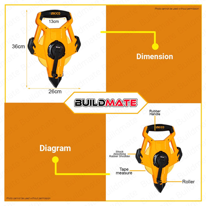 BUILDMATE Ingco Fiberglass Measuring Tape Measure 12.5mm 20M 30M 50M Metric & Inch Meter Ruler • IHT