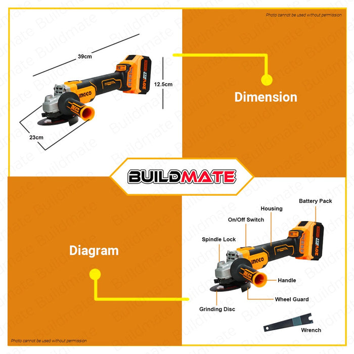 BUILDMATE Ingco BRUSHLESS 20V Cordless Angle Grinder For Cutting Sanding Polish CAGLI201008 • ICPT