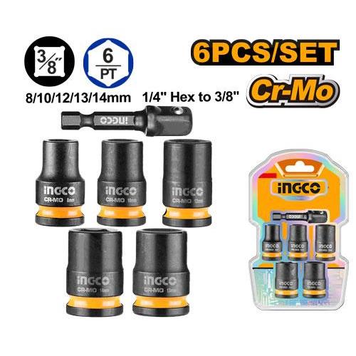 Buildmate x INGCO 6PCS 3/8in Drive Impact Socket Set 8mm 10mm 12mm 13mm 14mm with Hex Adapter Cr-Mo HKISSD38061 IHT