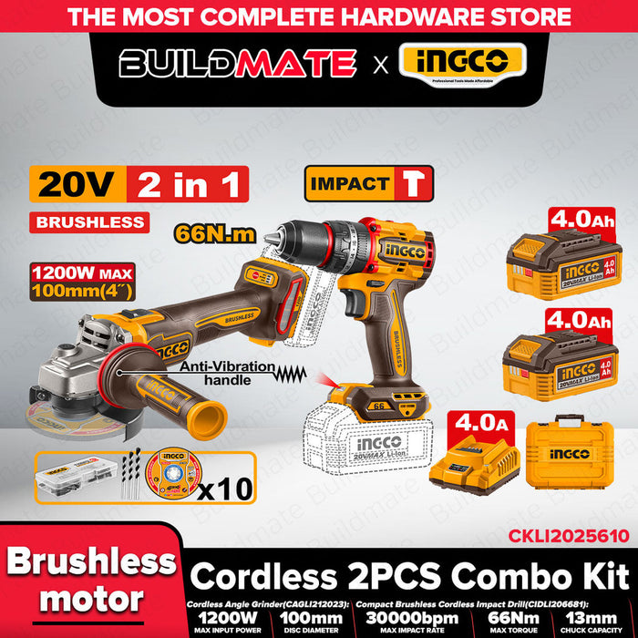 Buildmate x INGCO 20V Cordless 2 PCS COMBO KIT Power Tool Impact Drill &amp; Angle Grinder w/ 2x4.0Ah Battery CKLI2025610 IPT
