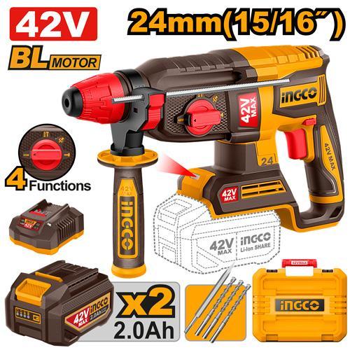 Buildmate x INGCO 42V Brushless Cordless Rotary Hammer 24MM SDS Plus Concrete Hammer Drill Kit CRHLI422482 IPT