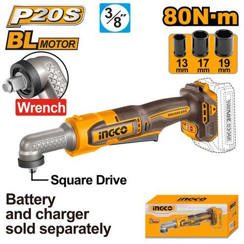 Buildmate x INGCO SOLO & KIT W/ Battery 20V Cordless Brushless Angle Impact Wrench 80Nm 3/8 Drive Compact Power Tool CAIWLI2081 CAIWLI208 IPT