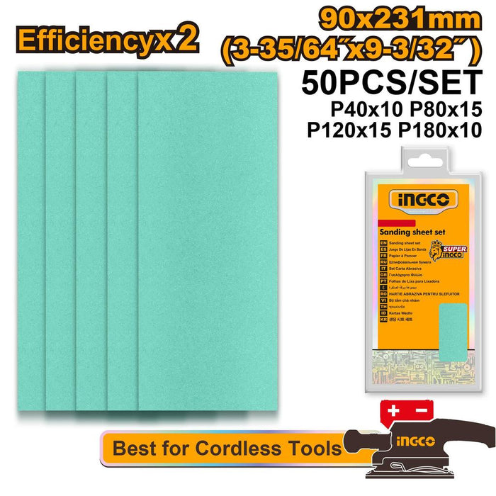 Buildmate x INGCO 50PCS Sanding Sheet Set 90x231mm Assorted Grit Sandpaper for Wood Metal Wall Paint Plastic Glass AKFS0902311 IHT