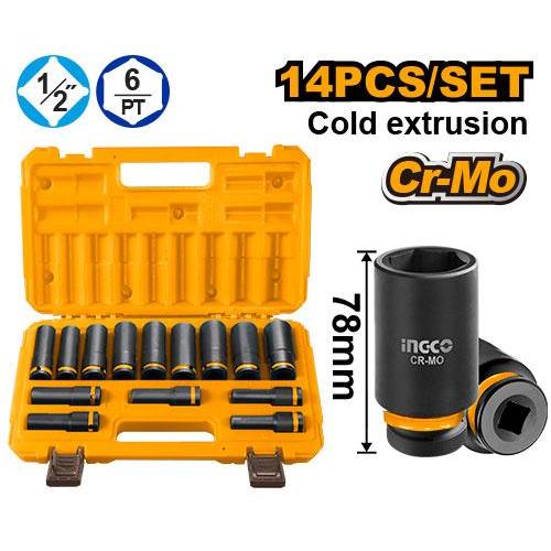 Buildmate x INGCO 14PCS 1/2in Drive Deep Impact Socket Set 10-27mm Cr-Mo Heavy Duty Impact Wrench Sockets HKISSD12143L IHT