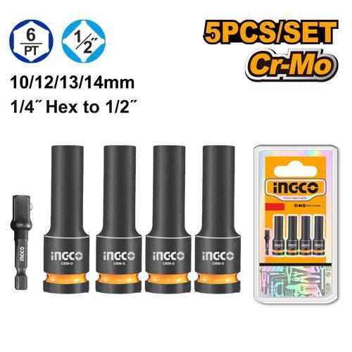 Buildmate x INGCO 5PCS 1/2in Drive Deep Impact Socket Set 10mm 12mm 13mm 14mm with Hex Adapter Cr-Mo HKISSD12052L IHT