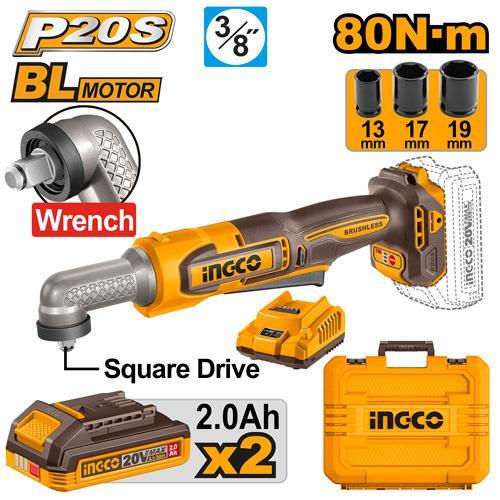 Buildmate x INGCO SOLO & KIT W/ Battery 20V Cordless Brushless Angle Impact Wrench 80Nm 3/8 Drive Compact Power Tool CAIWLI2081 CAIWLI208 IPT