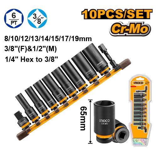 Buildmate x INGCO 10PCS 3/8in Drive Deep Impact Socket Set 8-19mm Cr-Mo with Socket Adapters HKISSD38105L IHT