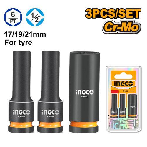Buildmate x INGCO 3PCS 1/2in Drive Deep Impact Socket Set 17mm 19mm 21mm Cr-Mo Heavy Duty Socket Kit HKISSD12042L IHT