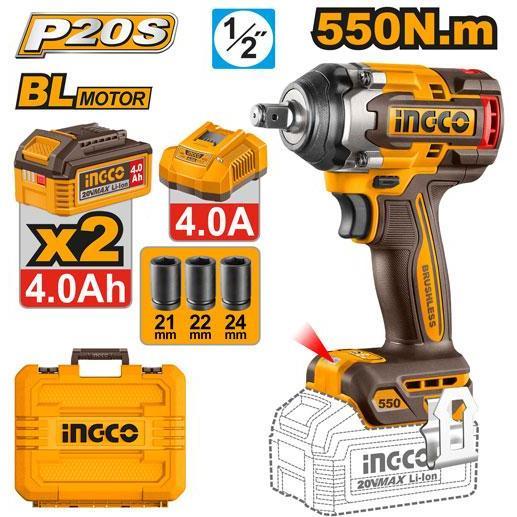 Buildmate x INGCO SOLO &amp; KIT W/ Battery 20V Brushless AI Cordless Impact Wrench 1/2in 550Nm Heavy Duty CIWLI2055 CIWLI20551 IPT