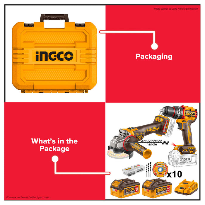 Buildmate x INGCO 20V Cordless 2 PCS COMBO KIT Power Tool Impact Drill &amp; Angle Grinder w/ 2x4.0Ah Battery CKLI2025610 IPT
