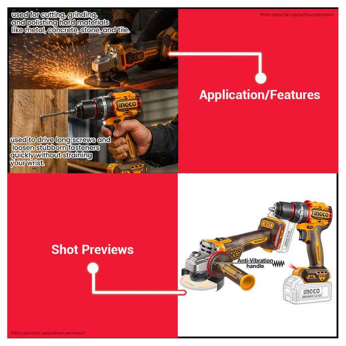 Buildmate x INGCO 20V Cordless 2 PCS COMBO KIT Power Tool Impact Drill &amp; Angle Grinder w/ 2x4.0Ah Battery CKLI2025610 IPT