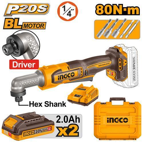 Buildmate x INGCO SOLO & KIT W/ Battery 20V Cordless Brushless Angle Impact Driver 80Nm Right Angle Screwdriver CAIRLI2081 CAIRLI208 IPT