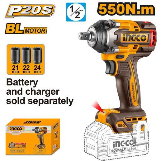 Buildmate x INGCO SOLO &amp; KIT W/ Battery 20V Brushless AI Cordless Impact Wrench 1/2in 550Nm Heavy Duty CIWLI2055 CIWLI20551 IPT