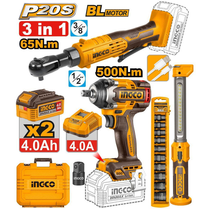 Buildmate x INGCO 20V 2/3/4PCS Combo Kit Impact Wrench, Ratchet & Work Lamp Tools Set  IPT