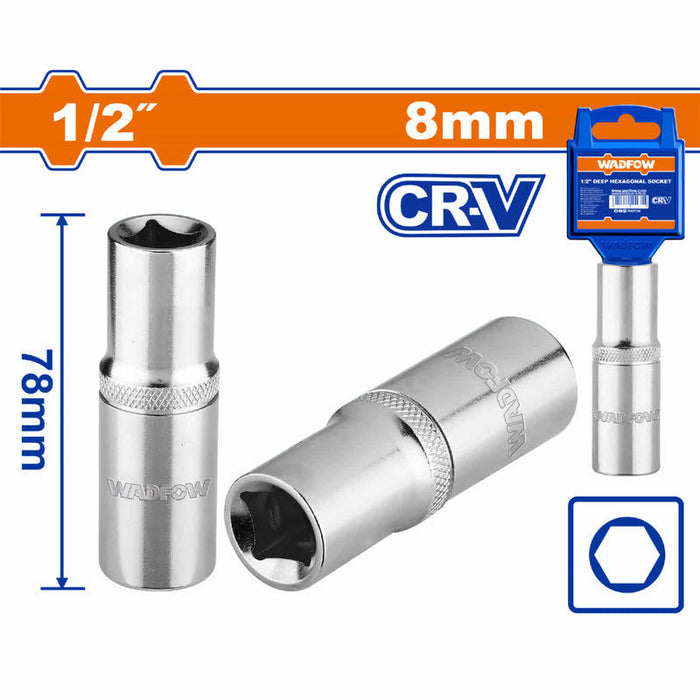 Buildmate x WADFOW 1/2" 8mm Deep Hex Socket Cr-V Steel 6pt Wrench Tool WSC7208 WHT