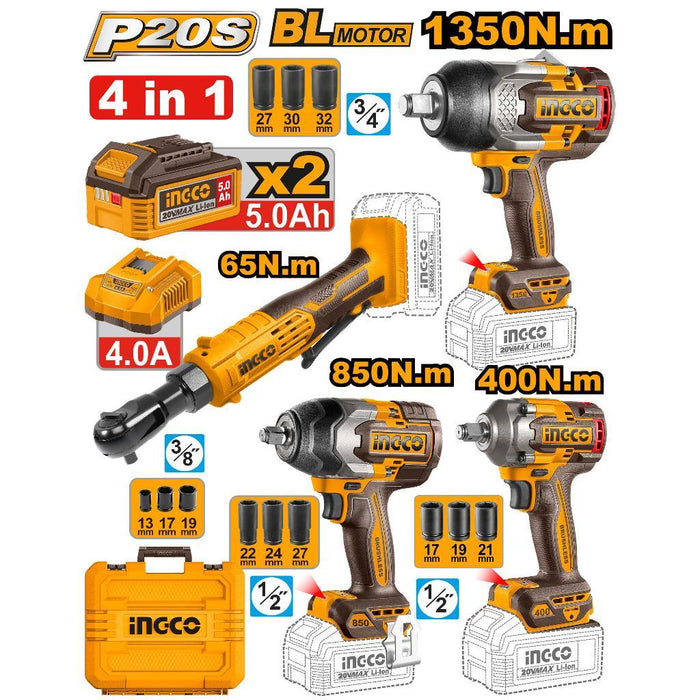 Buildmate x INGCO 20V 2/3/4PCS Combo Kit Impact Wrench, Ratchet & Work Lamp Tools Set  IPT