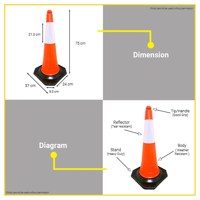 BUILDMATE Creston 4PCS Reflectorized Traffic Cone 750mm Barricades Warning Road Block Sign Safety Cone FE-8875