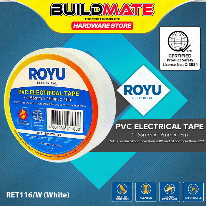 BUILDMATE Royu PVC Electrical Tape 0.155mmx19mmx16m Waterproof Insulation Wiring Flame Retardant Adhesive Repair Colored Insulating Electric Wire Tape SOLD PER PIECE