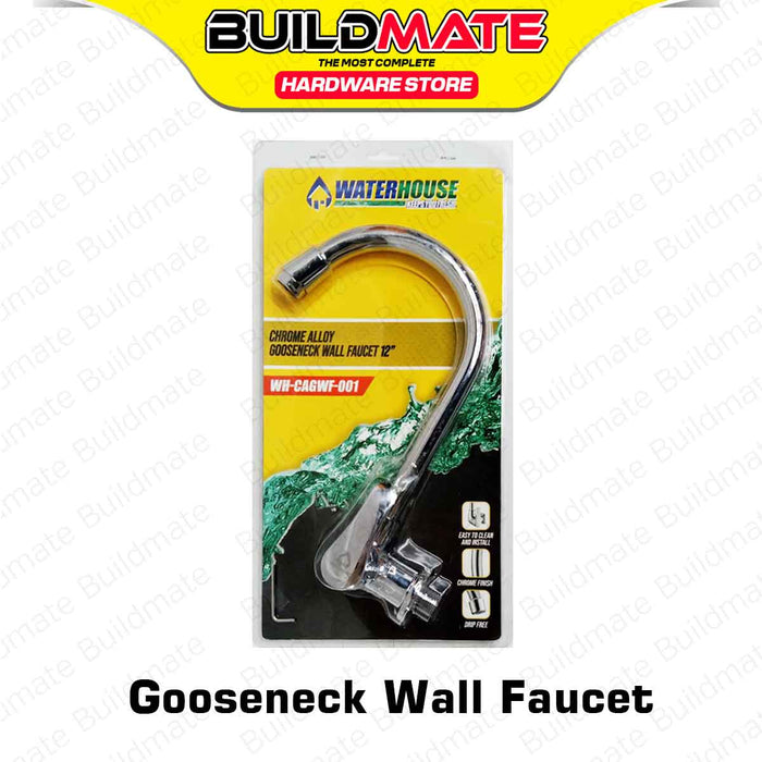 BUILDMATE Waterhouse Chrome Alloy Gooseneck Wall Faucet 12" Inch Single Handle Wall-Mounted Faucet Drip-Free Operation CAGWF-001