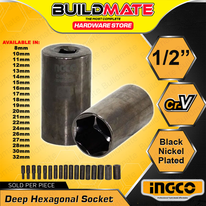 BUILDMATE Ingco 1/2" Inch Deep Hexagonal Sockets 8mm-32mm Cr-V Hexagon Deep Hex Drive Socket Wrench SOLD PER PIECE - IHT