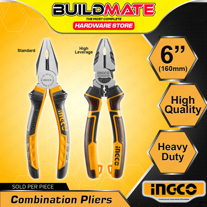BUILDMATE Ingco Standard / High Leverage Combination Pliers 6" (160mm) Cr-V Steel Heavy Duty Cutting and Gripping Plier - IHT