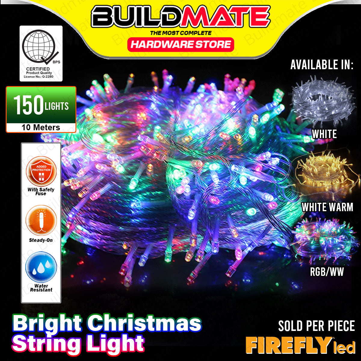 BUILDMATE Firefly LED Bright Christmas String Light Steady-On 150 Ligh ...
