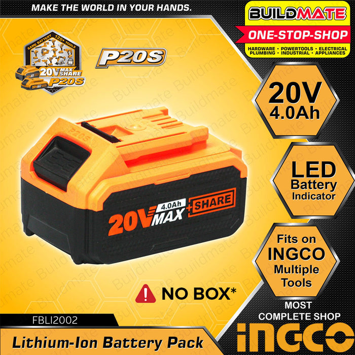 INGCO Lithium-Ion Li-Ion Battery Pack 20V 4.0Ah | 6.0Ah | 7.5Ah [SOLD PER PIECE] Compact Battery LED Battery Power Indicator Fast Intelligent Charger Power Tool Battery POWERSHARE FBLI2002 | | FBLI2060 | FBLI2075 •BUILDMATE• ICPT