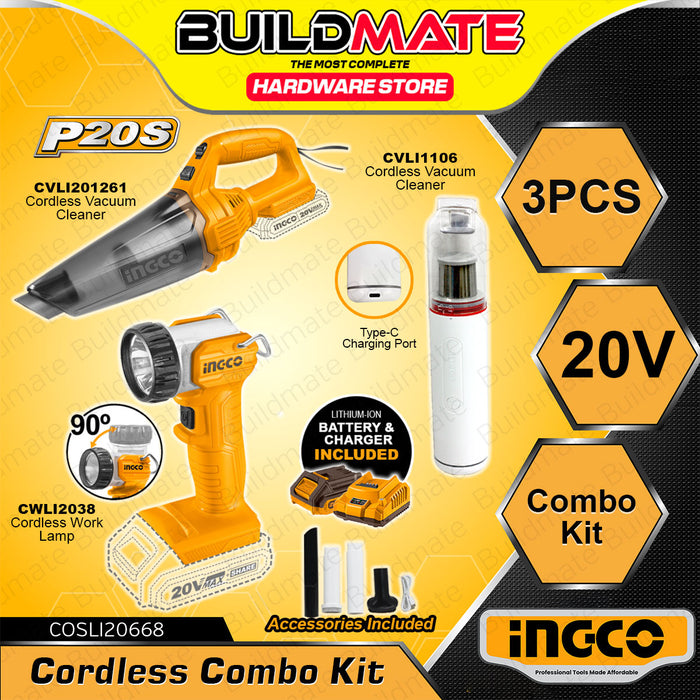 [EXCLUSIVE] BUILDMATE Ingco 3PCS/SET Lithium-Ion Cordless Combo Kit  2pcs Vacuum Cleaner and 20V Work Lamp Power Tools Combo Set COSLI20668 - I