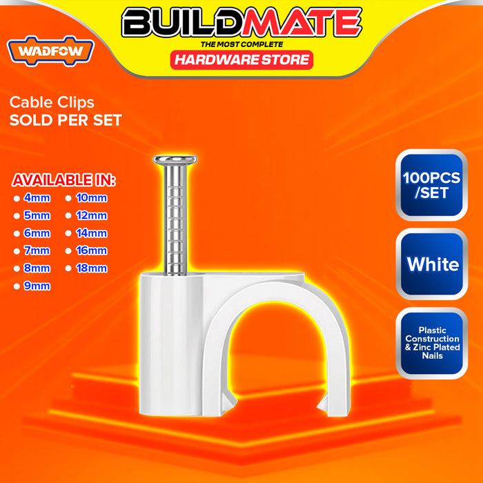 BUILDMATE Wadfow 100PCS/SET White Round Cable Clips 4mm-18mm Wall Mounted Electric Wire Cable Clip Cord Clamp Holder Organizer SOLD PER SET - WHT