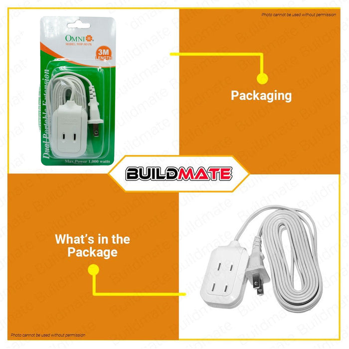BUILDMATE Omni 3 Meters Dual Portable Extension Cord Set 1000W 6A 250V 3 Gang 2 Flat Pin Plug Extension Portable Power Strip WDP303